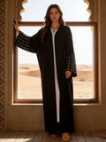 Black & Pink Contrast Abaya With Checkered Embroidered Cuffs Women Muslim Moroccan Kaftan Ramadan Jalabiya Islam Dubai Arabic