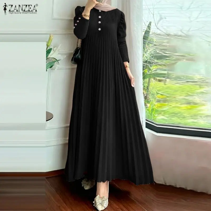 ZANZEA Hijabs Women's Pleated Long Dresses Muslim Modest Elegant O-Neck Long Puff Sleeve Maxi Dress Abaya Robes Ramadan Clothes