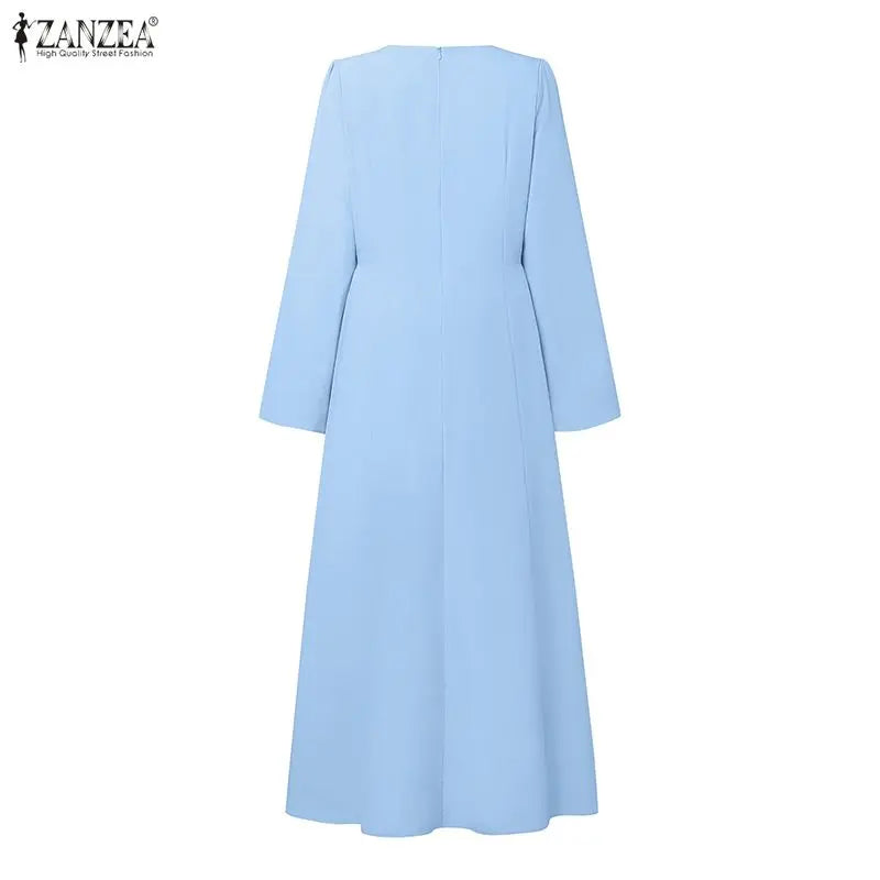 ZANZEA Muslim Women's Ribbons Patchwork Maxi Dress Modest Hijabs Long Sleeve Gathered Waist Long Dresses Islamic Ramadan Clothes