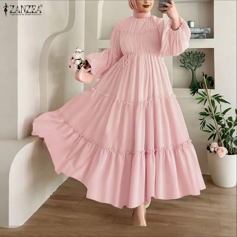 Muslim Woman Modest Ruffles Trim Maxi Dress Elegant Lantern Sleeve Sashes A-Line Tiered Long Dresses Islamic Ramadan Clothes 3XL