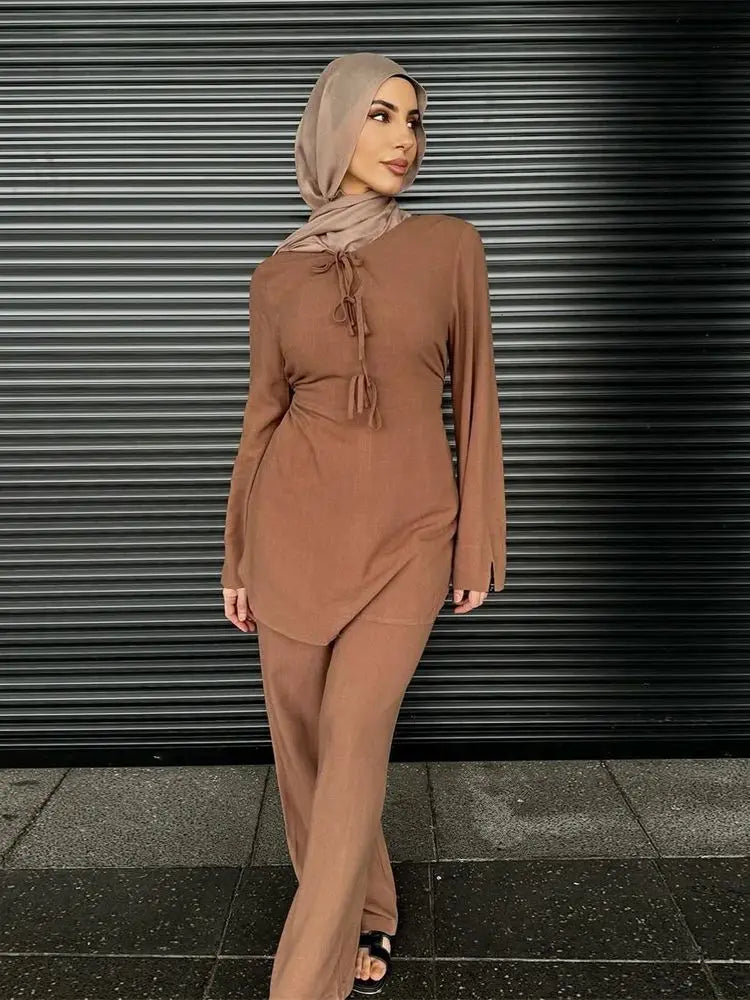 Robe Femme Musulmane Abayas Prayer Clothes For Women Ramadan Plain 2 Piece Abaya Set Tops Pants Modest Muslim Sets Kaftan