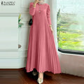 ZANZEA Hijabs Women's Pleated Long Dresses Muslim Modest Elegant O-Neck Long Puff Sleeve Maxi Dress Abaya Robes Ramadan Clothes