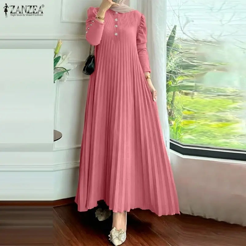 ZANZEA Hijabs Women's Pleated Long Dresses Muslim Modest Elegant O-Neck Long Puff Sleeve Maxi Dress Abaya Robes Ramadan Clothes
