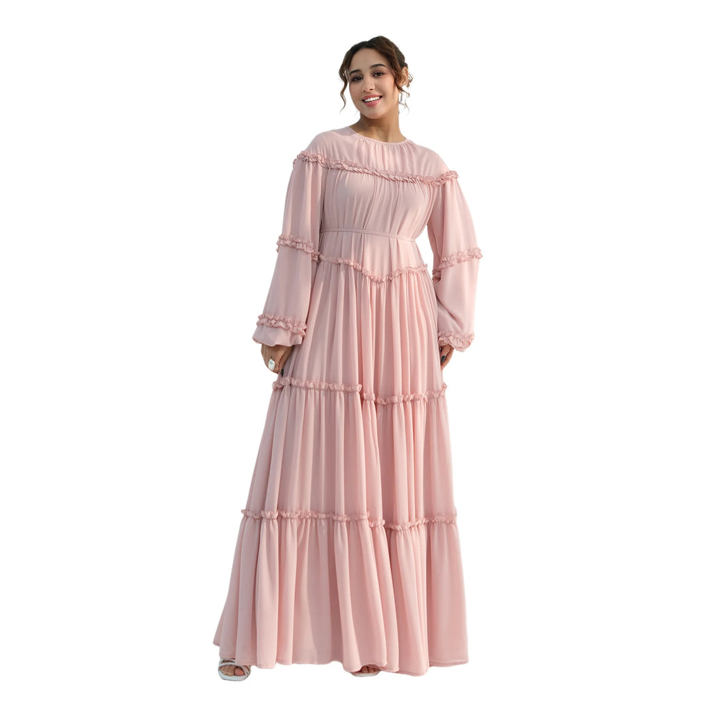 Muslim Woman Modest Ruffles Trim Maxi Dress for Elegant Lantern Sleeve A-Line Long Dresses Islam Femme Ramadan Clothes Vestidos