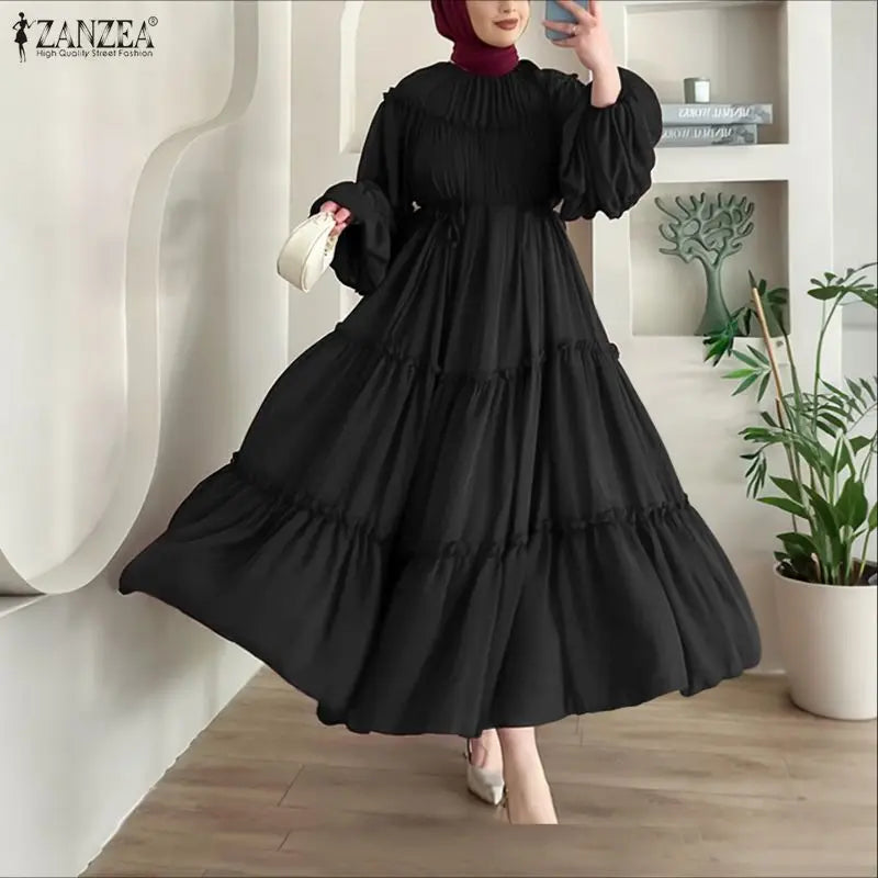 Muslim Woman Modest Ruffles Trim Maxi Dress Elegant Lantern Sleeve Sashes A-Line Tiered Long Dresses Islamic Ramadan Clothes 3XL