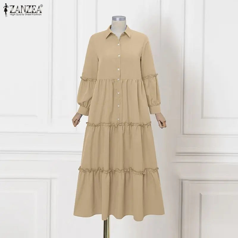 ZANZEA Muslim Hijabis Modest Long Dress Women's Turn-Dwon Collar Long Sleeve Ruffles Trim Tiered Dresses Islamic Abaya Robes 3XL