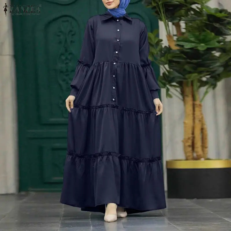 ZANZEA Muslim Hijabis Modest Long Dress Women's Turn-Dwon Collar Long Sleeve Ruffles Trim Tiered Dresses Islamic Abaya Robes 3XL