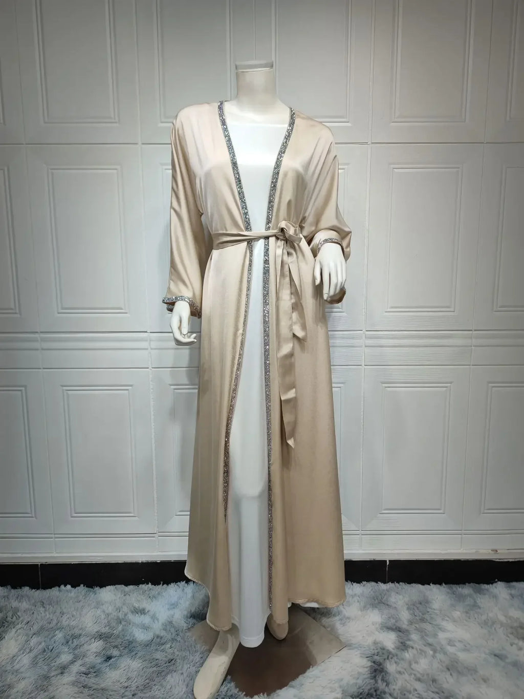 Kimono Abaya Satin Muslim Dress Diamond Open Abayas for Women Dubai Turkey Outwear Islam Modest Clothes Kaftan Femme Musulmane