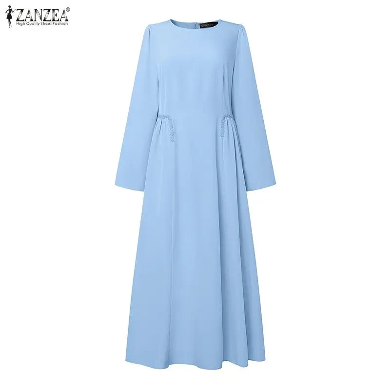 ZANZEA Muslim Women's Ribbons Patchwork Maxi Dress Modest Hijabs Long Sleeve Gathered Waist Long Dresses Islamic Ramadan Clothes
