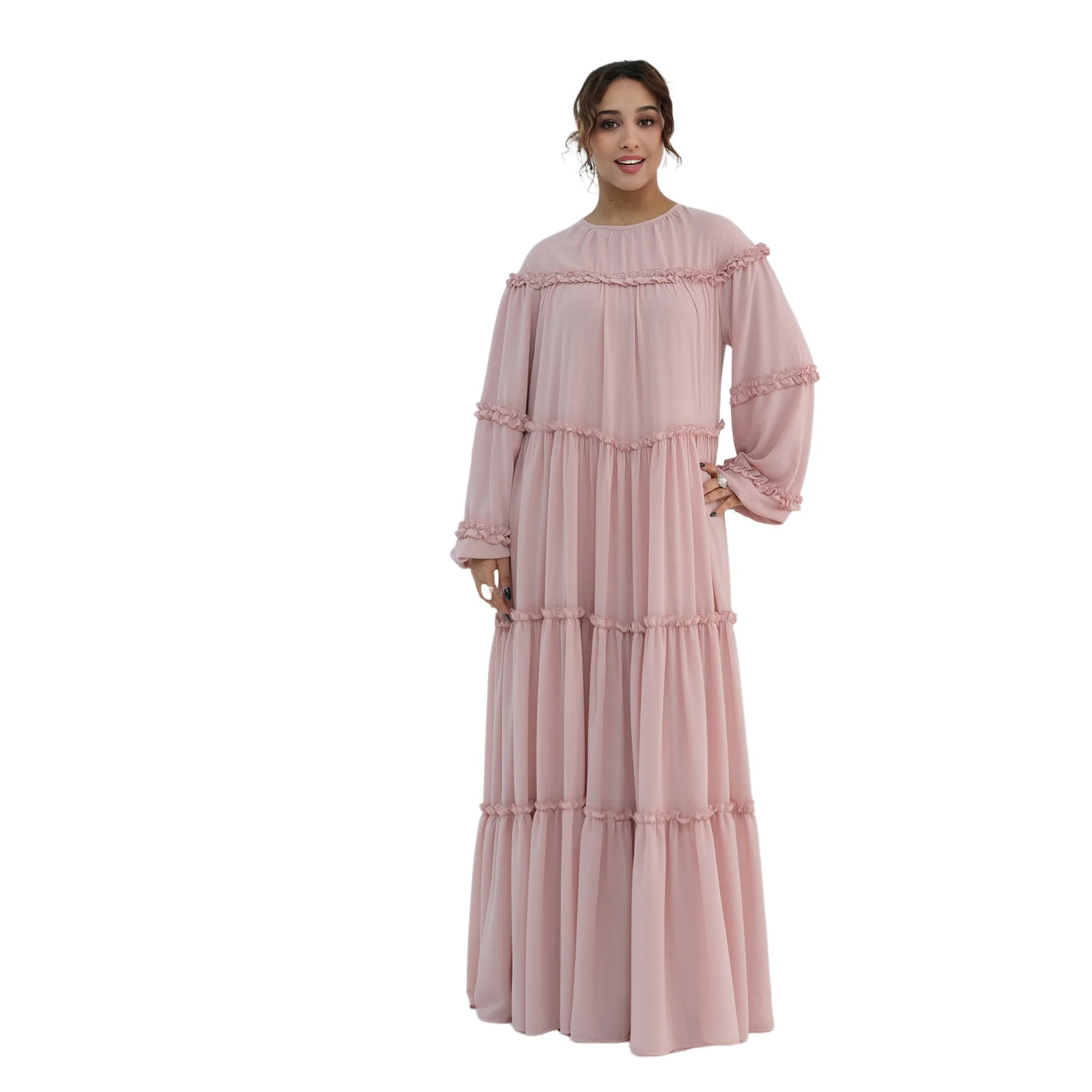 Muslim Woman Modest Ruffles Trim Maxi Dress for Elegant Lantern Sleeve A-Line Long Dresses Islam Femme Ramadan Clothes Vestidos