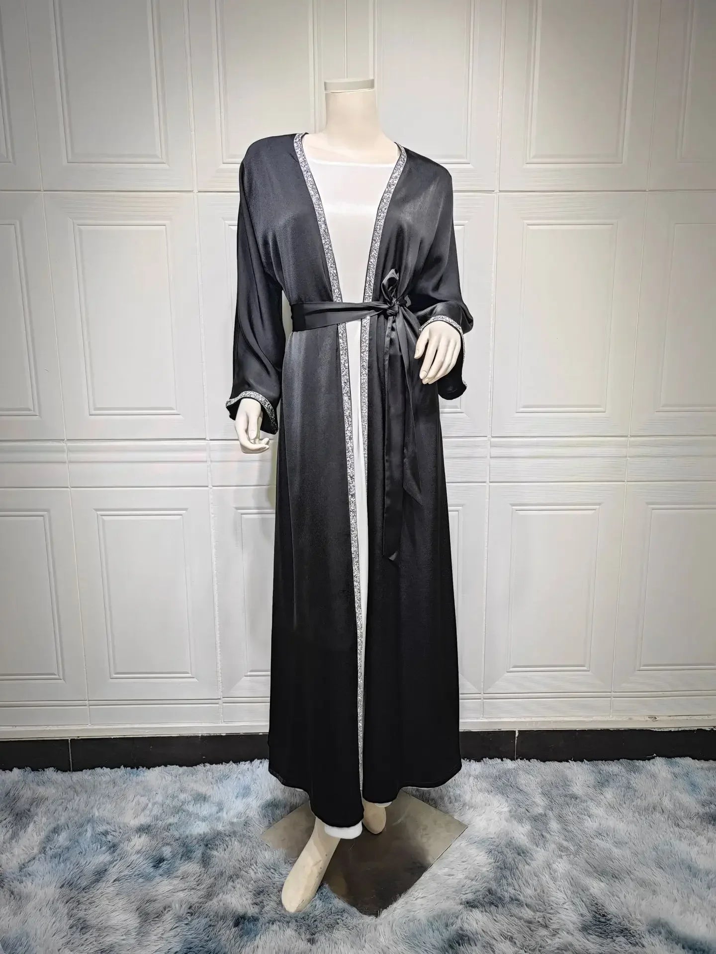 Kimono Abaya Satin Muslim Dress Diamond Open Abayas for Women Dubai Turkey Outwear Islam Modest Clothes Kaftan Femme Musulmane