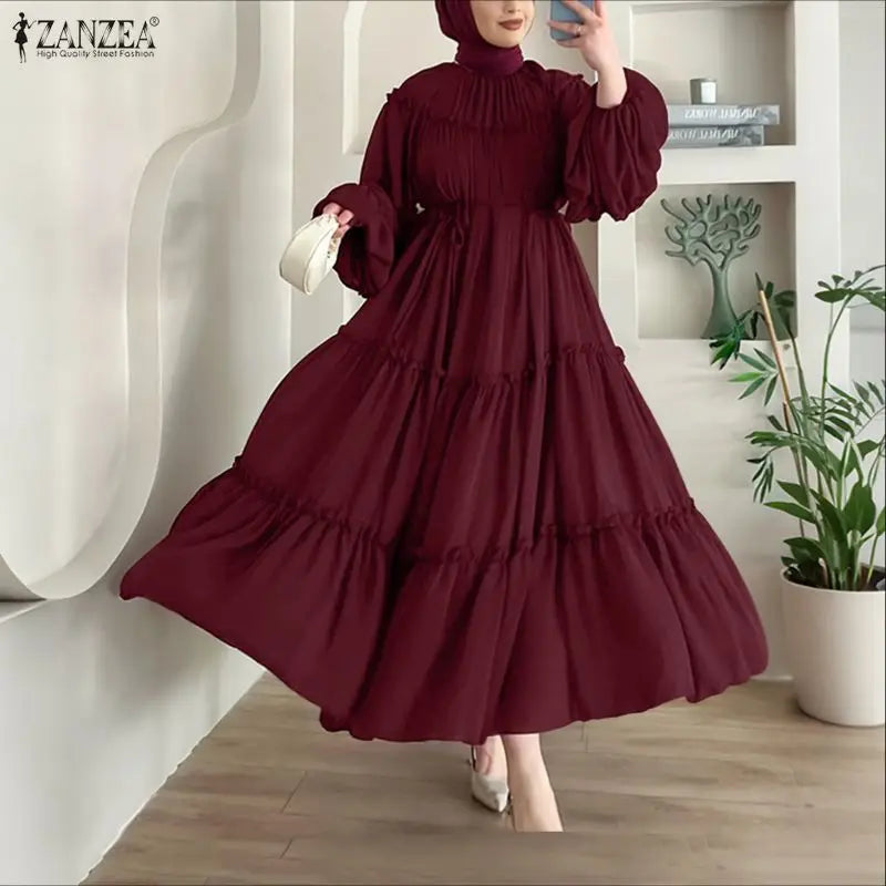Muslim Woman Modest Ruffles Trim Maxi Dress Elegant Lantern Sleeve Sashes A-Line Tiered Long Dresses Islamic Ramadan Clothes 3XL