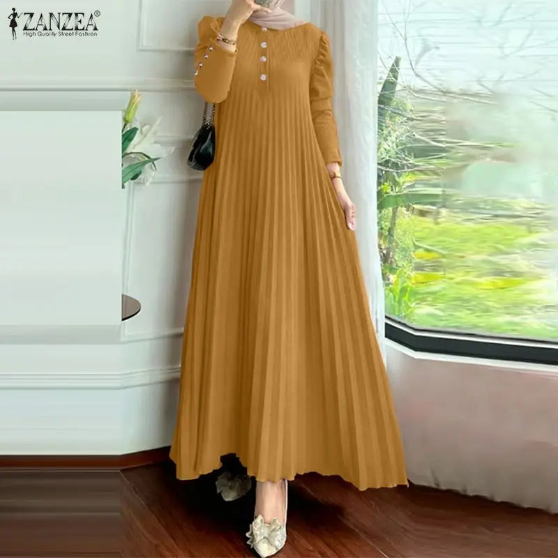 ZANZEA Hijabs Women's Pleated Long Dresses Muslim Modest Elegant O-Neck Long Puff Sleeve Maxi Dress Abaya Robes Ramadan Clothes
