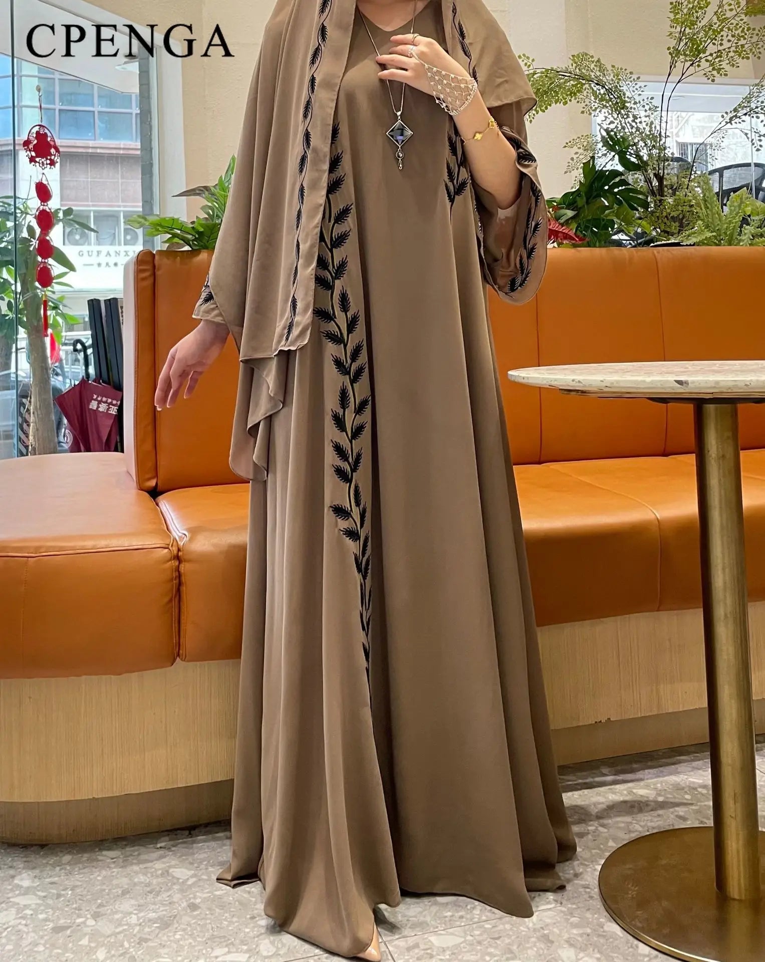 Two-piece Arabic Chiffon Clothes Set for Muslim Women Elegant Dubai Modest Abaya Dress with Hijab Islamic Party Jalabiya Outfit