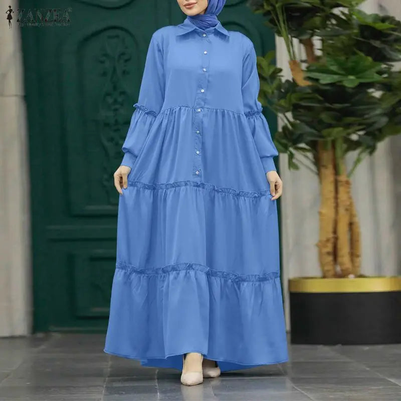 ZANZEA Muslim Hijabis Modest Long Dress Women's Turn-Dwon Collar Long Sleeve Ruffles Trim Tiered Dresses Islamic Abaya Robes 3XL