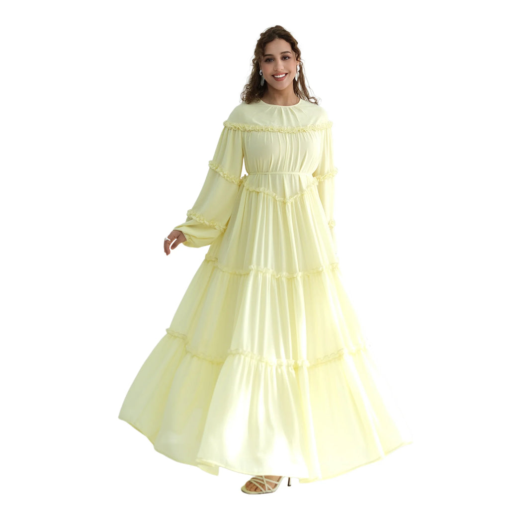 Muslim Woman Modest Ruffles Trim Maxi Dress for Elegant Lantern Sleeve A-Line Long Dresses Islam Femme Ramadan Clothes Vestidos