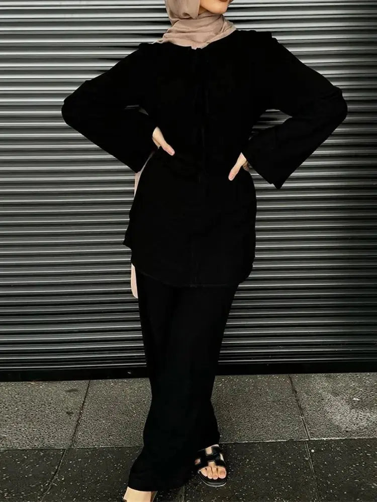 Robe Femme Musulmane Abayas Prayer Clothes For Women Ramadan Plain 2 Piece Abaya Set Tops Pants Modest Muslim Sets Kaftan