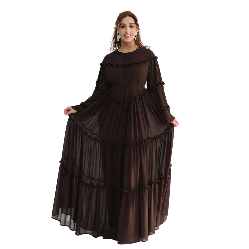 Muslim Woman Modest Ruffles Trim Maxi Dress for Elegant Lantern Sleeve A-Line Long Dresses Islam Femme Ramadan Clothes Vestidos