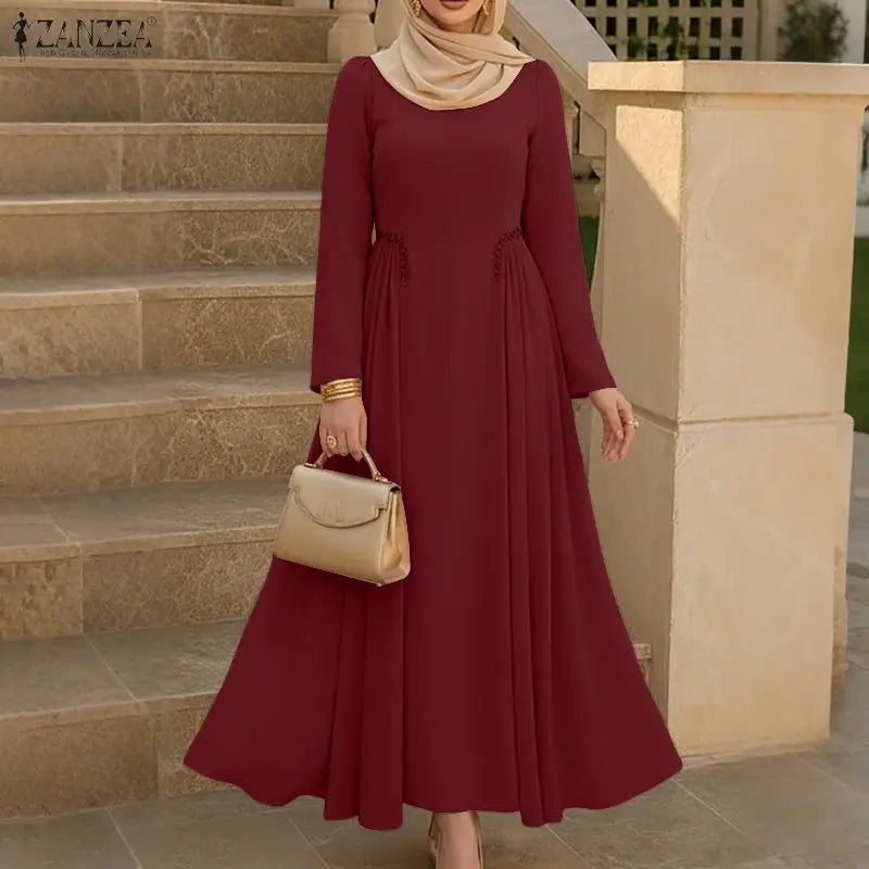 ZANZEA Muslim Women's Ribbons Patchwork Maxi Dress Modest Hijabs Long Sleeve Gathered Waist Long Dresses Islamic Ramadan Clothes