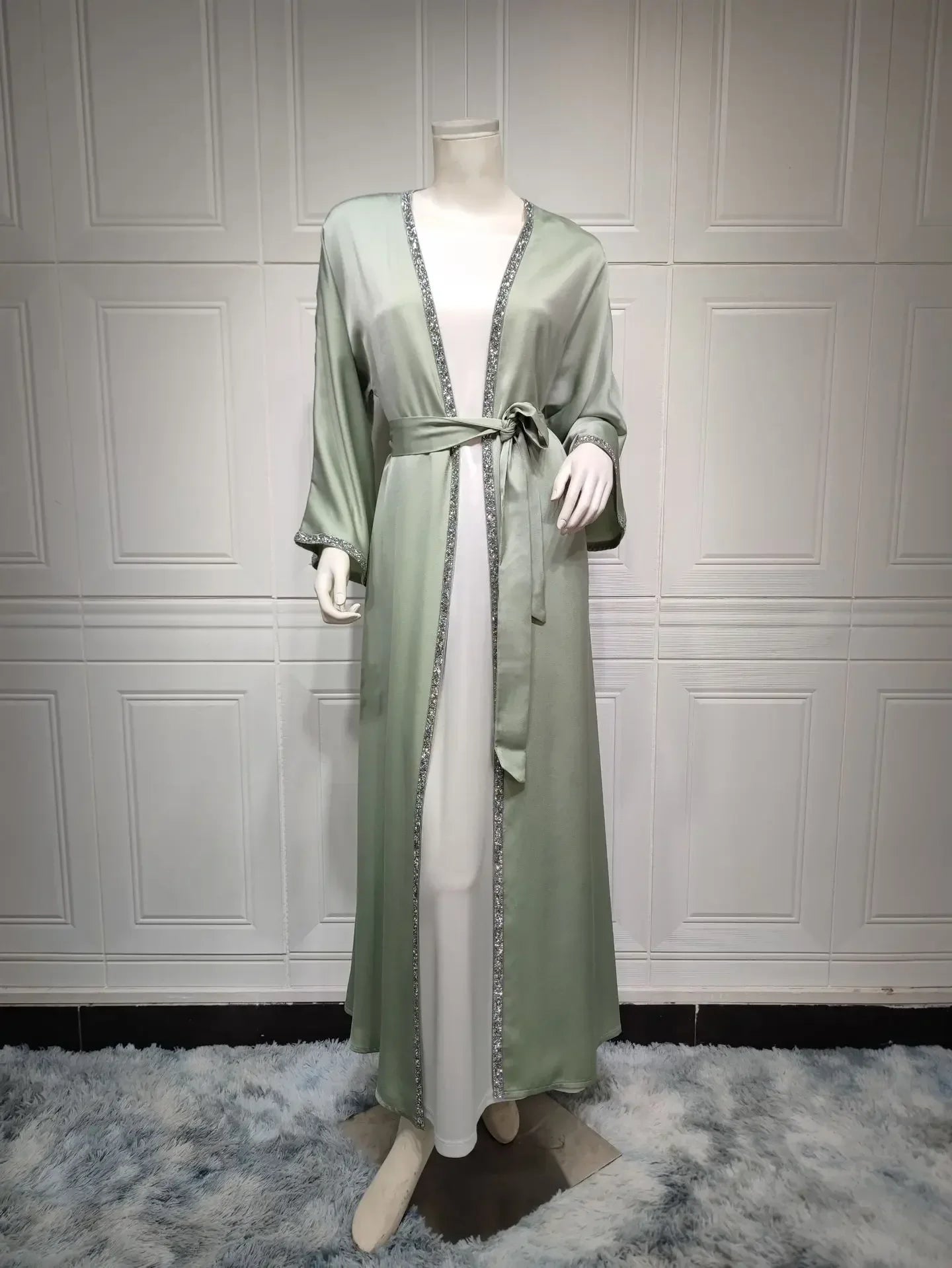 Kimono Abaya Satin Muslim Dress Diamond Open Abayas for Women Dubai Turkey Outwear Islam Modest Clothes Kaftan Femme Musulmane