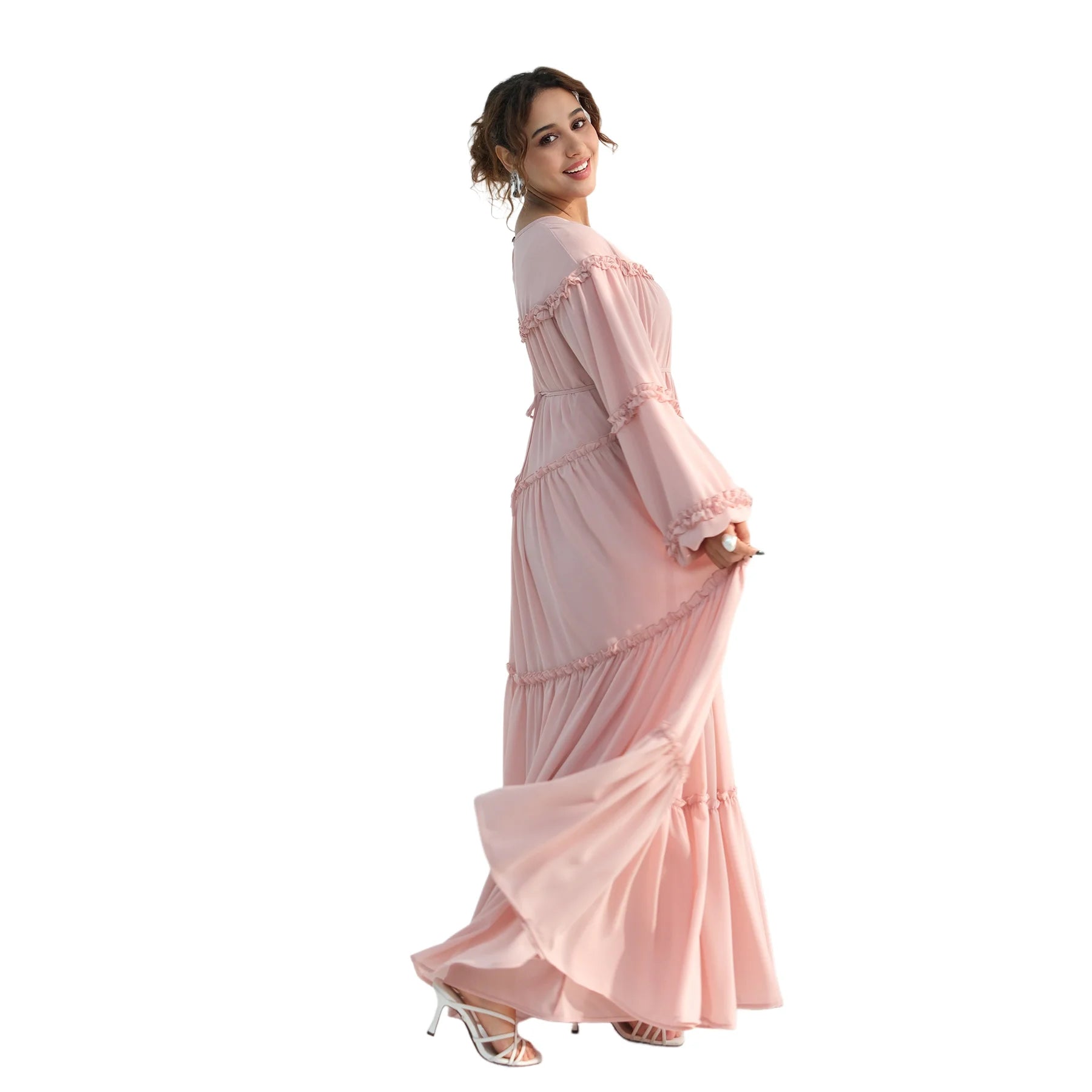 Muslim Woman Modest Ruffles Trim Maxi Dress for Elegant Lantern Sleeve A-Line Long Dresses Islam Femme Ramadan Clothes Vestidos
