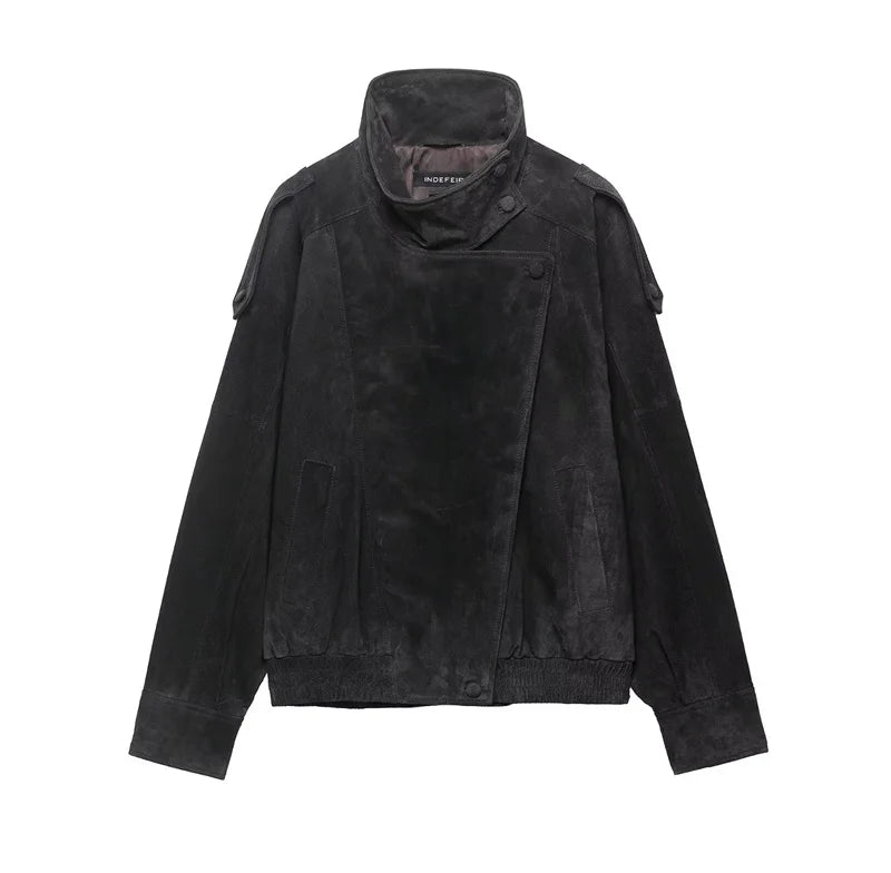 Women's Jacket 2026 Autunm  New Black Long Sleeve Pebble Faux Leather Jacket Motorcycle Style Personality Fashion