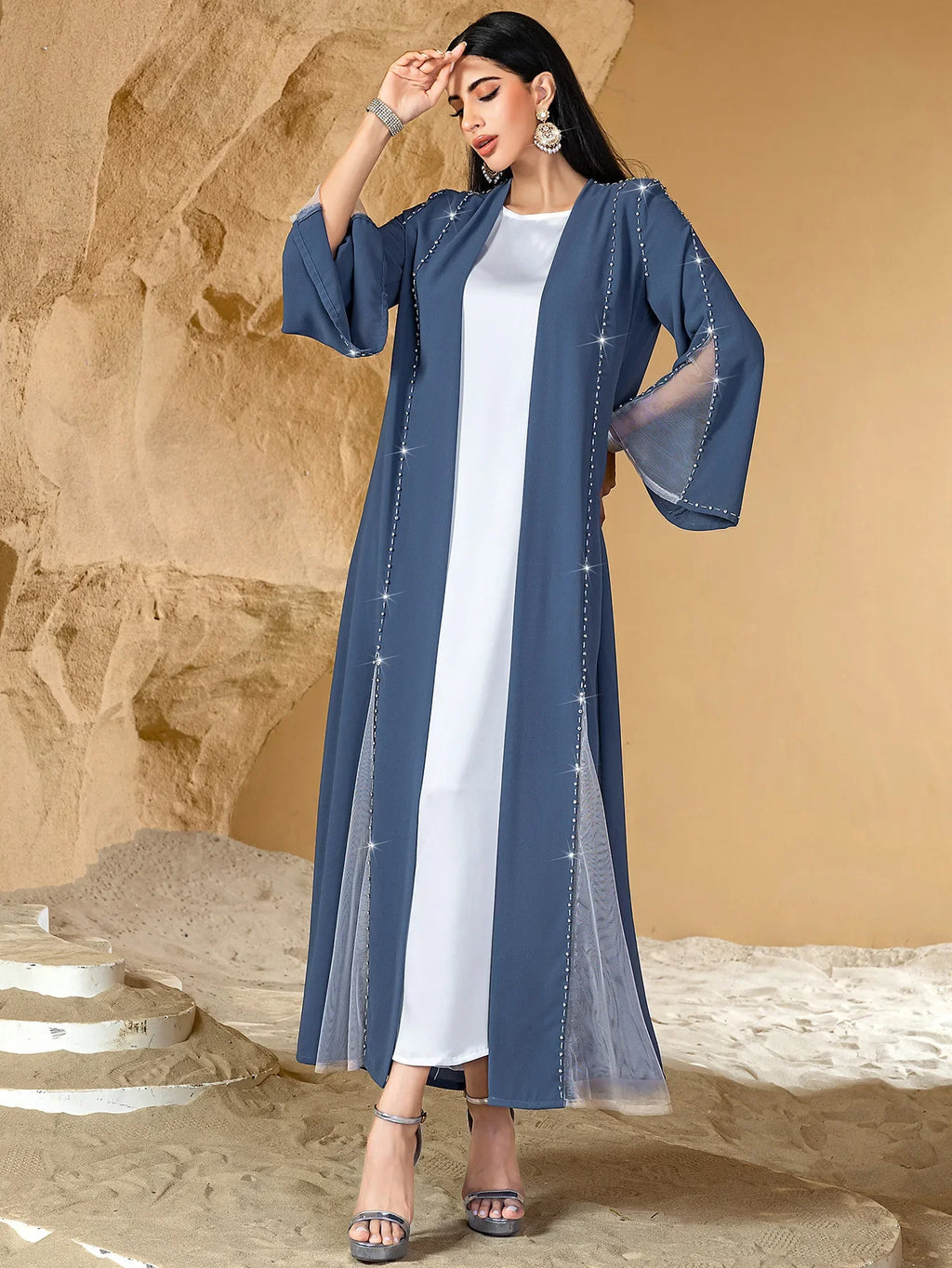 Dubai Diamonds Open Abaya Turkey Kaftan Eid Muslim Women Long Dress Caftan Marocain Femme Robe Islam Jalabiya Kimono Cardigan
