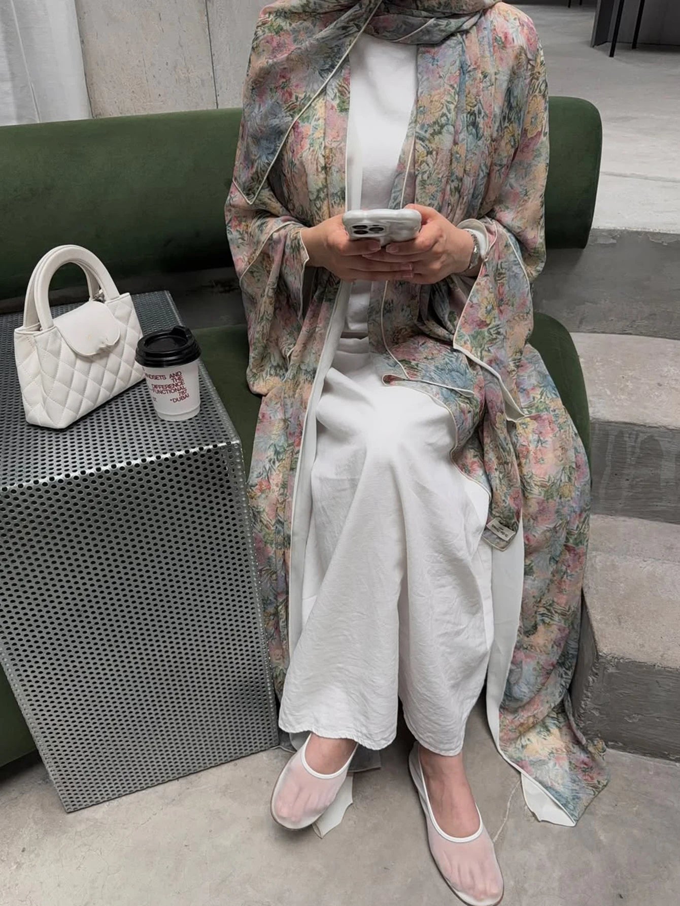 Middle Eastern elegant Floral Print Abaya with Headscarf