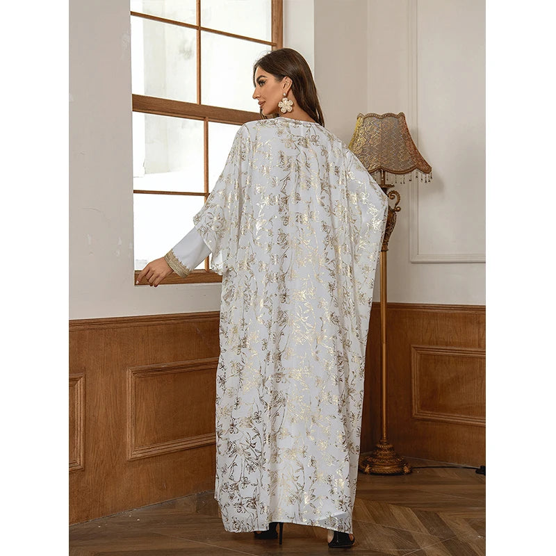 Women Two pieces set dresses Muslim Abaya dubai Long sleeve White Chiffon moroccan kaftan modest ramadan  Maxi dress