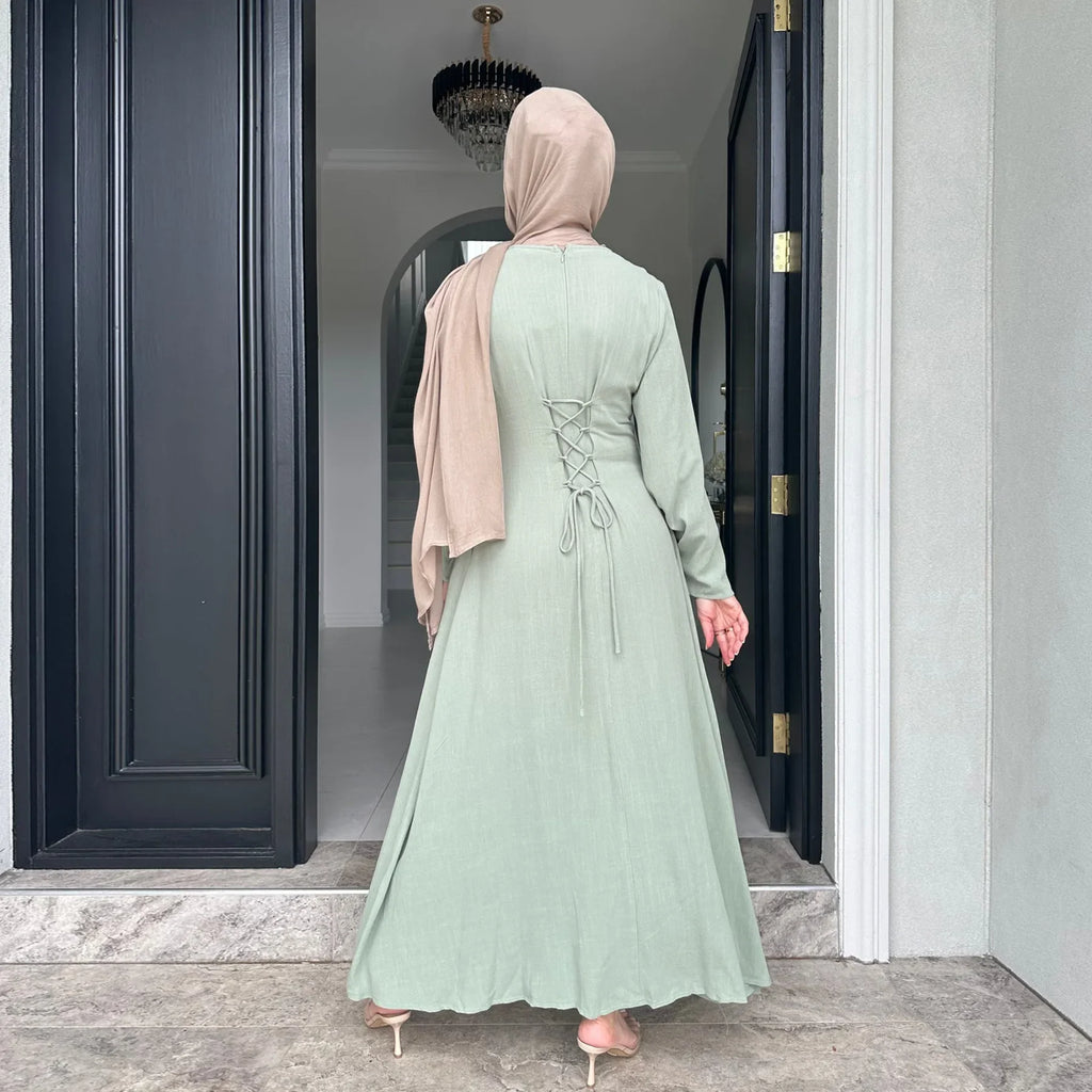 Saudi Arabia Muslim Women Modest Dress Eid Ramadan Djellaba Long Robe Dubai Abayas Islamic Kaftan Caftan Turkey Lace-up Clothes