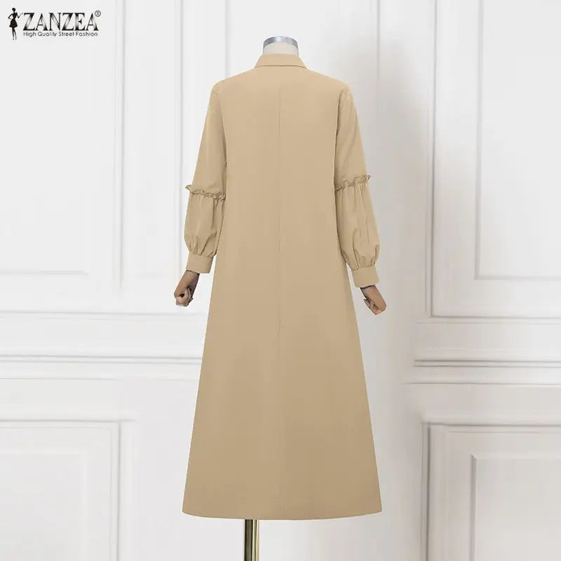 ZANZEA Muslim Hijabis Modest Long Dress Women's Turn-Dwon Collar Long Sleeve Ruffles Trim Tiered Dresses Islamic Abaya Robes 3XL