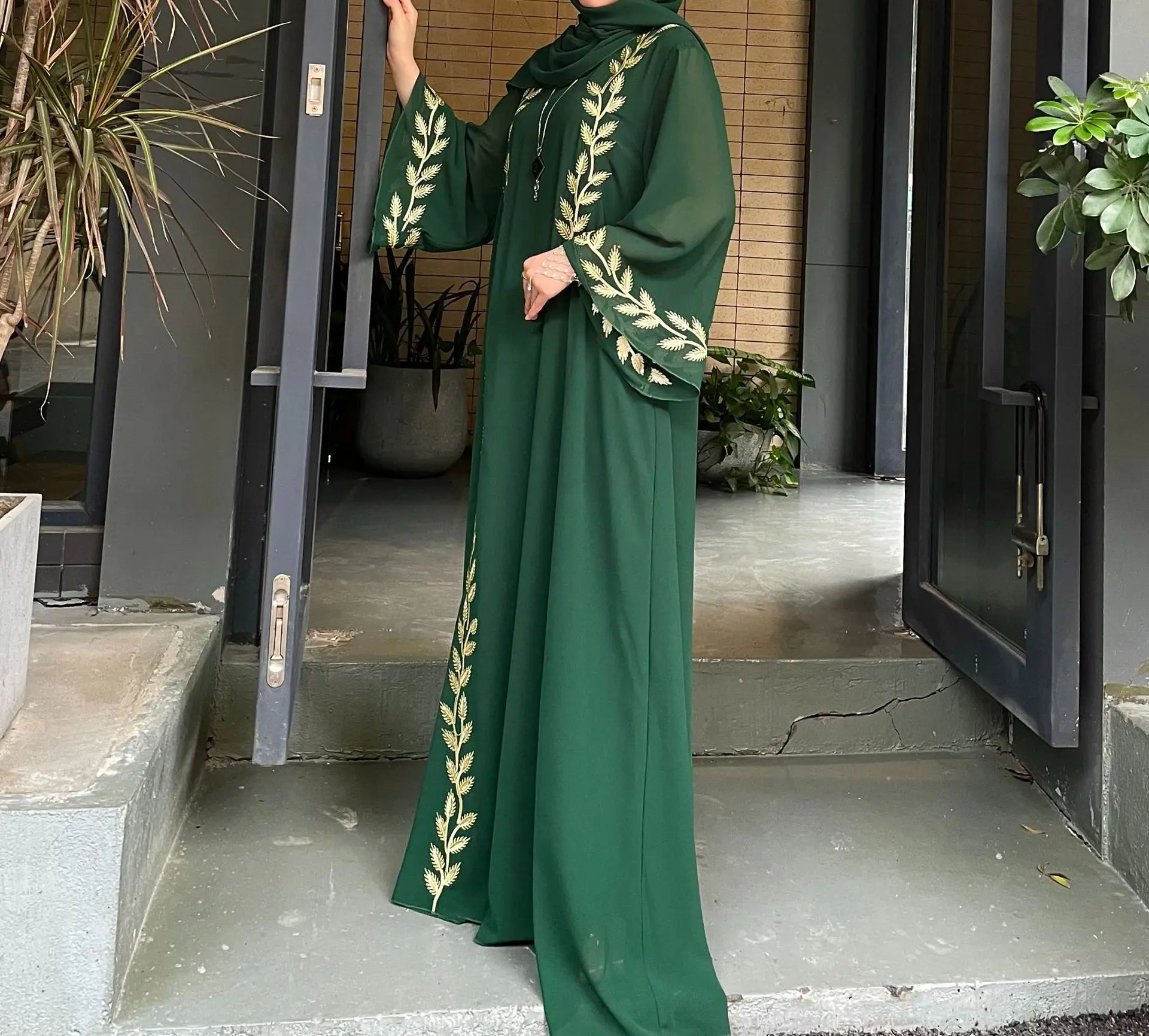 Two-piece Arabic Chiffon Clothes Set for Muslim Women Elegant Dubai Modest Abaya Dress with Hijab Islamic Party Jalabiya Outfit