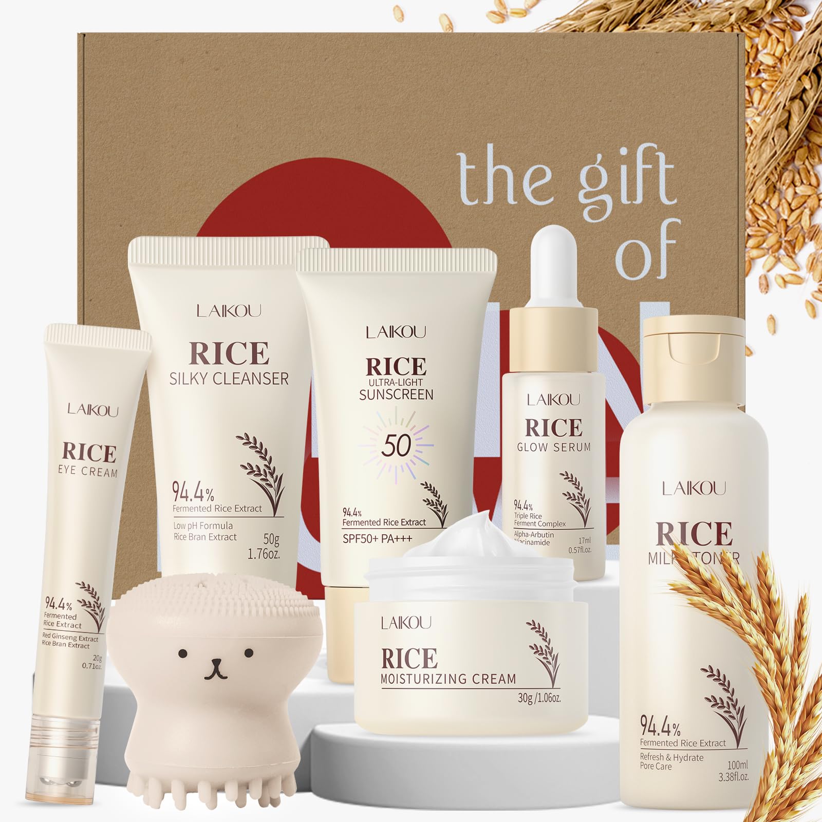 LAIKOU Skincare Set, 7PCS Korean Rice Face Care Kit with Fermented Rice, For Soft, Smooth & Radiant Skin, Christmas Birthday Gifts for Women Teenage