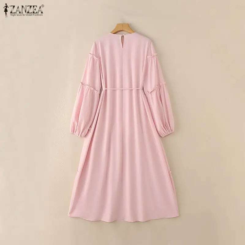 Muslim Woman Modest Ruffles Trim Maxi Dress Elegant Lantern Sleeve Sashes A-Line Tiered Long Dresses Islamic Ramadan Clothes 3XL