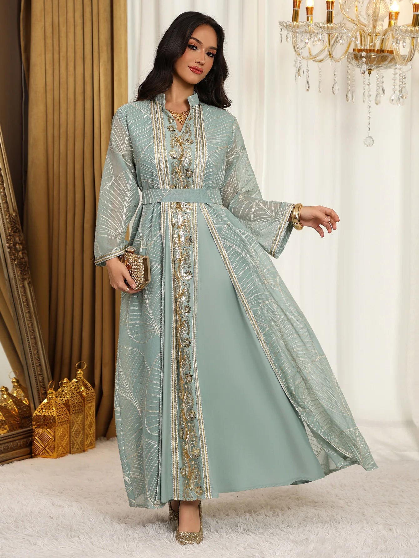 Women Mesh Sequins Dress Elegant Abaya  Eid Party Gorgeous Embroidery Dresses Lace-up Muslim Jalabiya  Vestidos Largos Robe 2025
