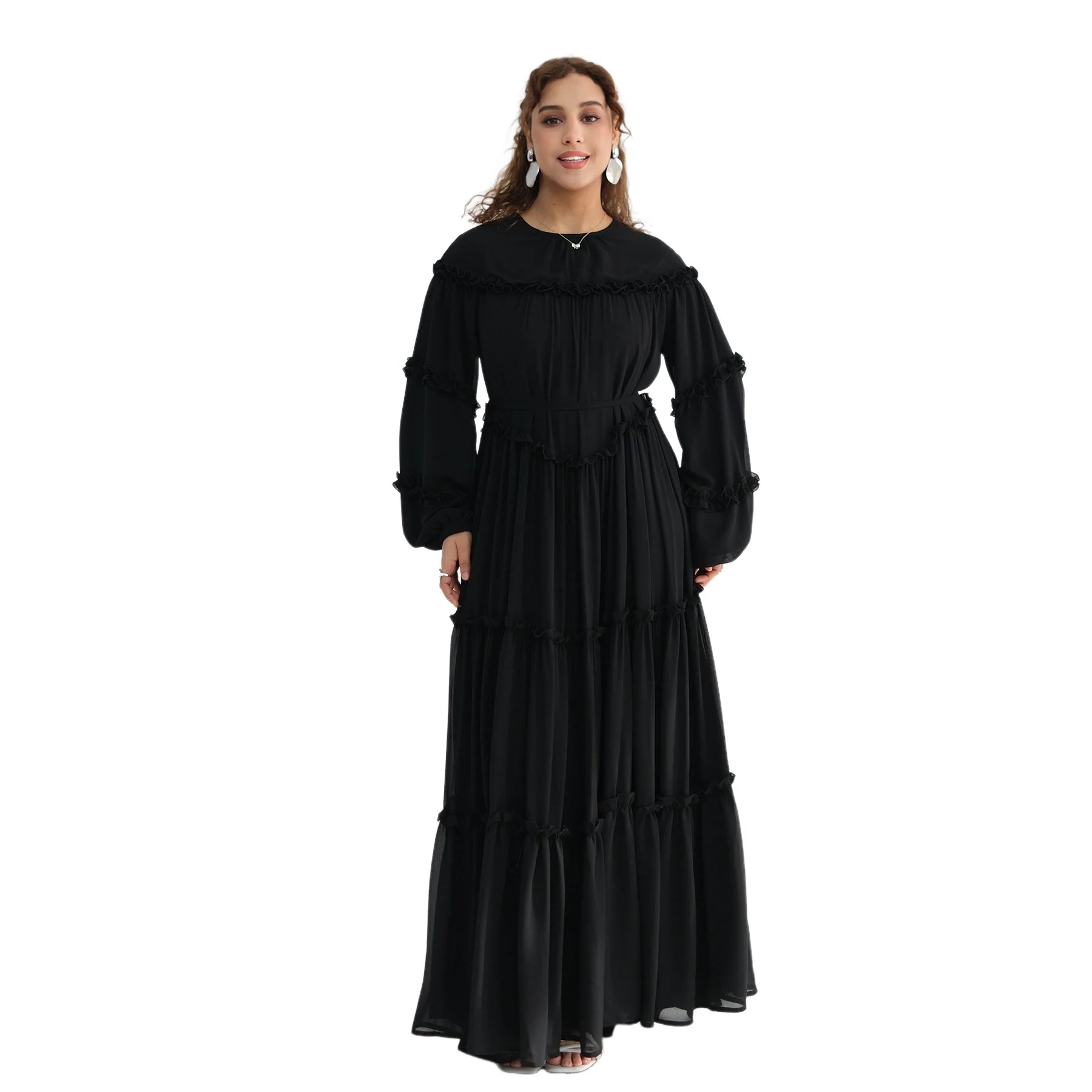 Muslim Woman Modest Ruffles Trim Maxi Dress for Elegant Lantern Sleeve A-Line Long Dresses Islam Femme Ramadan Clothes Vestidos