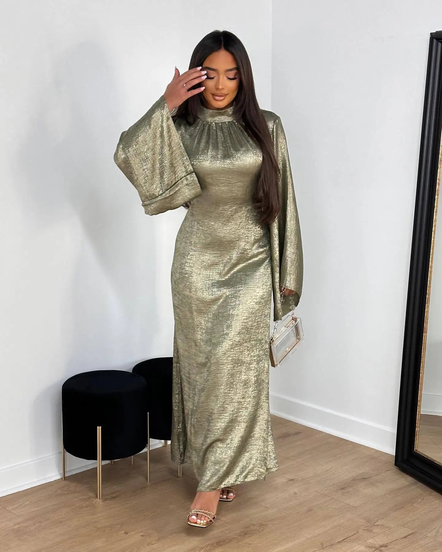 2024 New Elegant Fashion Dress EID Modest Muslim Dress Long Sleeve Shiny Polyester Islamic Clothing Dubai Abaya Dress Party Robe