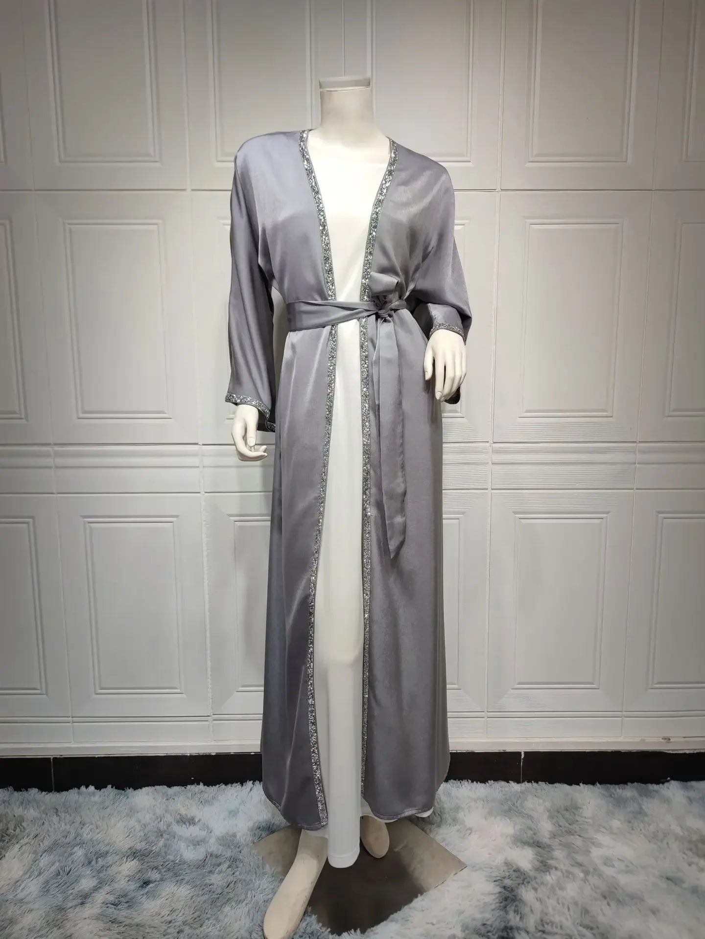 Kimono Abaya Satin Muslim Dress Diamond Open Abayas for Women Dubai Turkey Outwear Islam Modest Clothes Kaftan Femme Musulmane