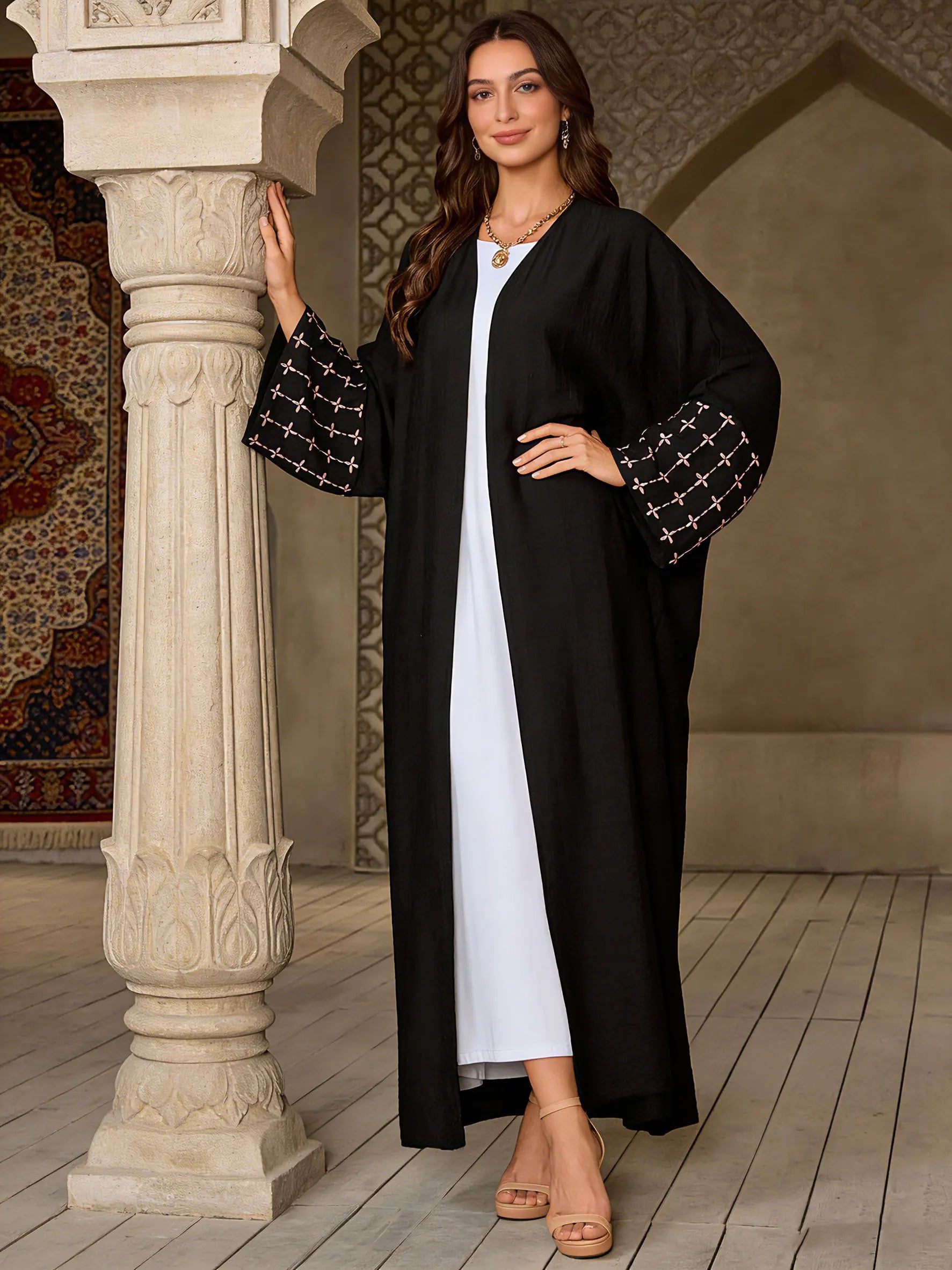 Black & Pink Contrast Abaya With Checkered Embroidered Cuffs Women Muslim Moroccan Kaftan Ramadan Jalabiya Islam Dubai Arabic