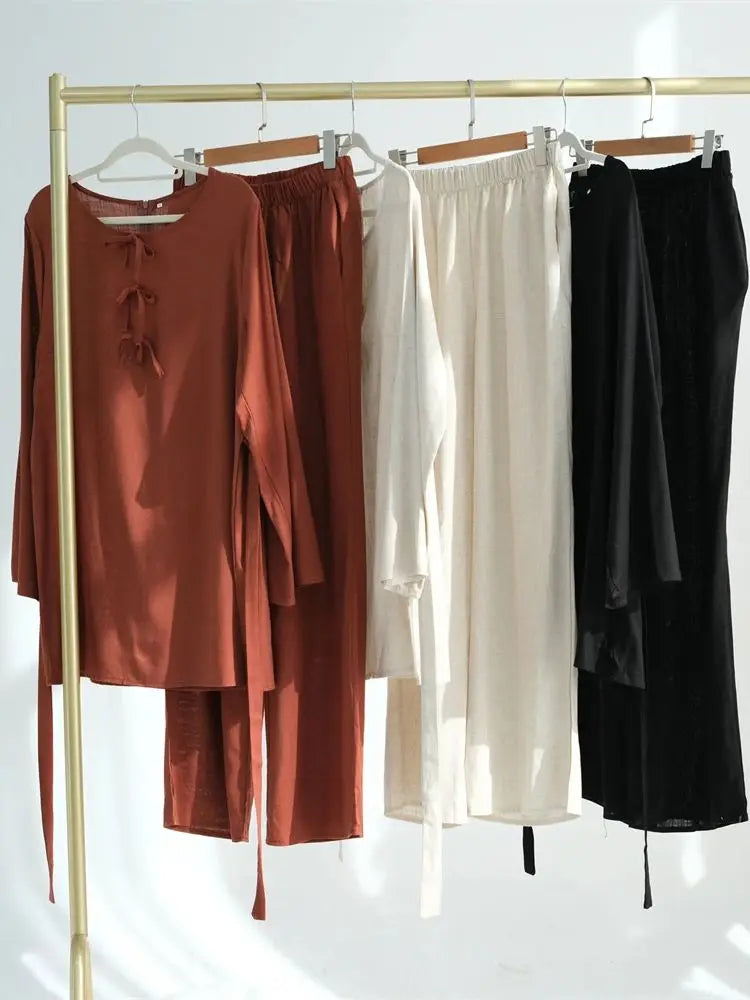 Robe Femme Musulmane Abayas Prayer Clothes For Women Ramadan Plain 2 Piece Abaya Set Tops Pants Modest Muslim Sets Kaftan