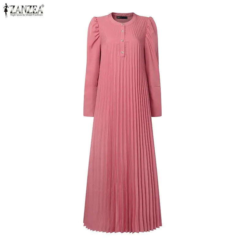 ZANZEA Hijabs Women's Pleated Long Dresses Muslim Modest Elegant O-Neck Long Puff Sleeve Maxi Dress Abaya Robes Ramadan Clothes