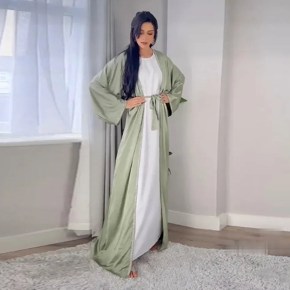 Kimono Abaya Satin Muslim Dress Diamond Open Abayas for Women Dubai Turkey Outwear Islam Modest Clothes Kaftan Femme Musulmane