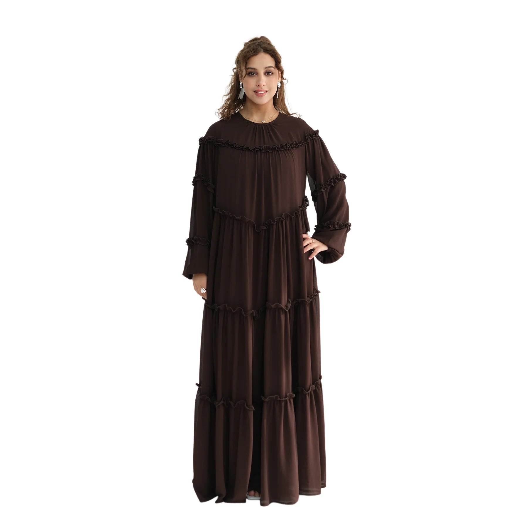 Muslim Woman Modest Ruffles Trim Maxi Dress for Elegant Lantern Sleeve A-Line Long Dresses Islam Femme Ramadan Clothes Vestidos