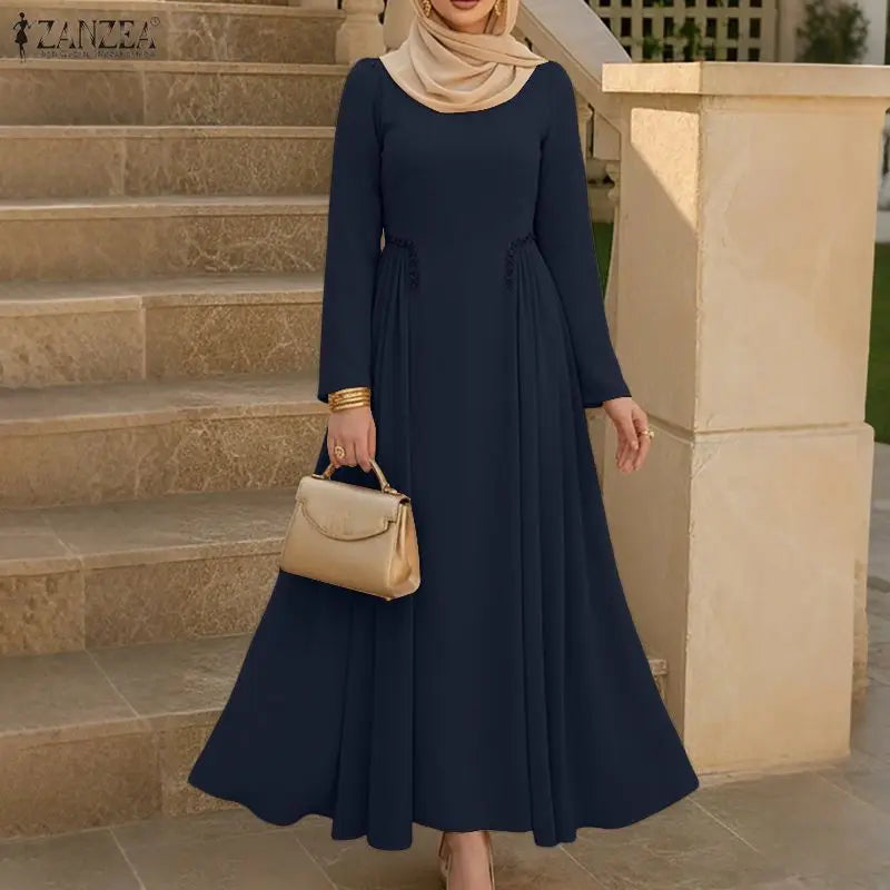 ZANZEA Muslim Women's Ribbons Patchwork Maxi Dress Modest Hijabs Long Sleeve Gathered Waist Long Dresses Islamic Ramadan Clothes