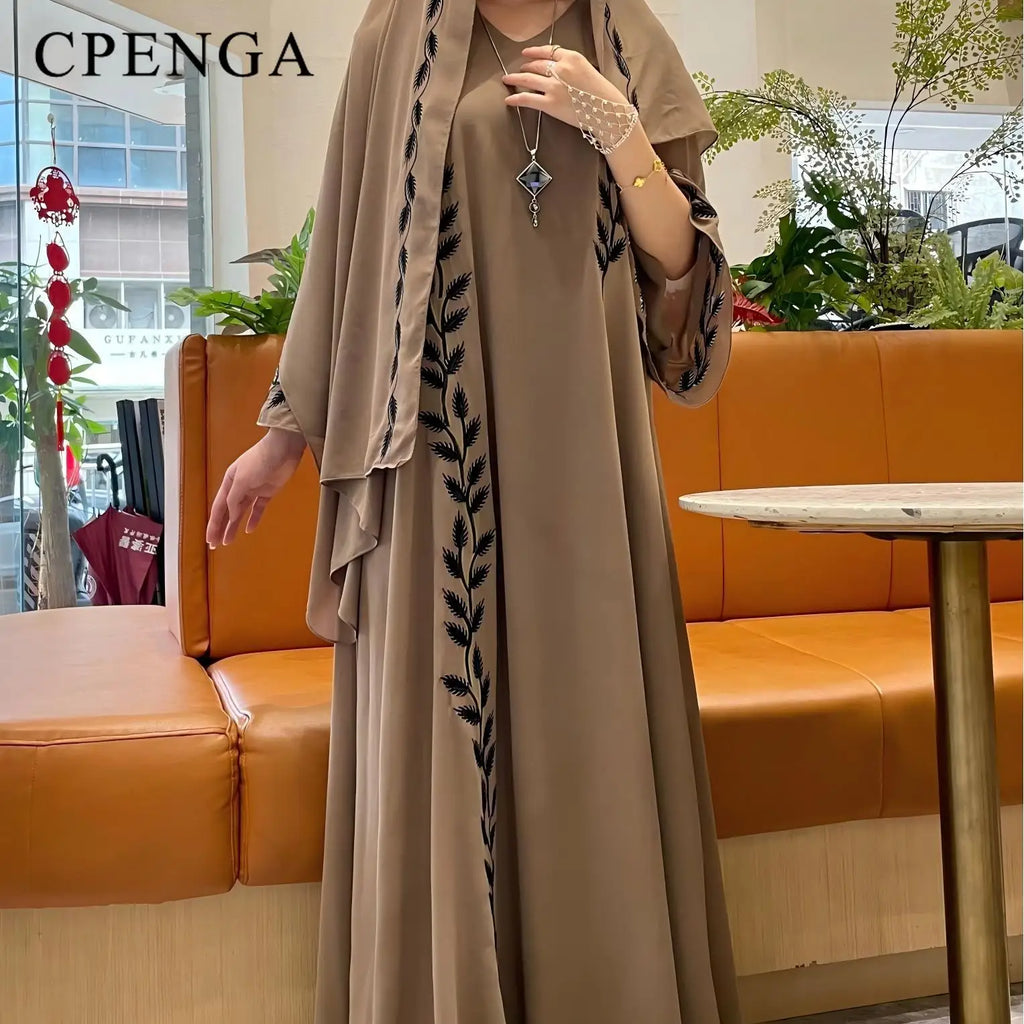 Two-piece Arabic Chiffon Clothes Set for Muslim Women Elegant Dubai Modest Abaya Dress with Hijab Islamic Party Jalabiya Outfit