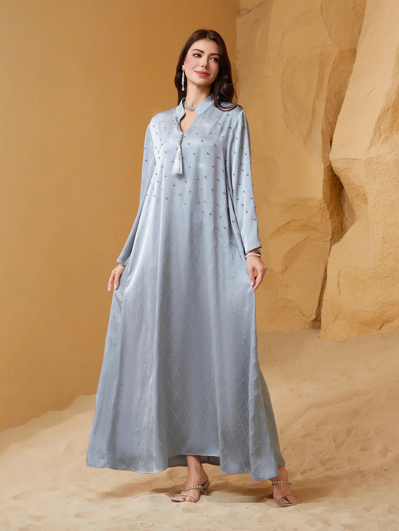 Eid Women Dress Abaya Muslim Elegant Beading Diamond Maxi Long Dresses Ramadan Jalabiya  Party Dubai Robe Vestidos Largos 2025