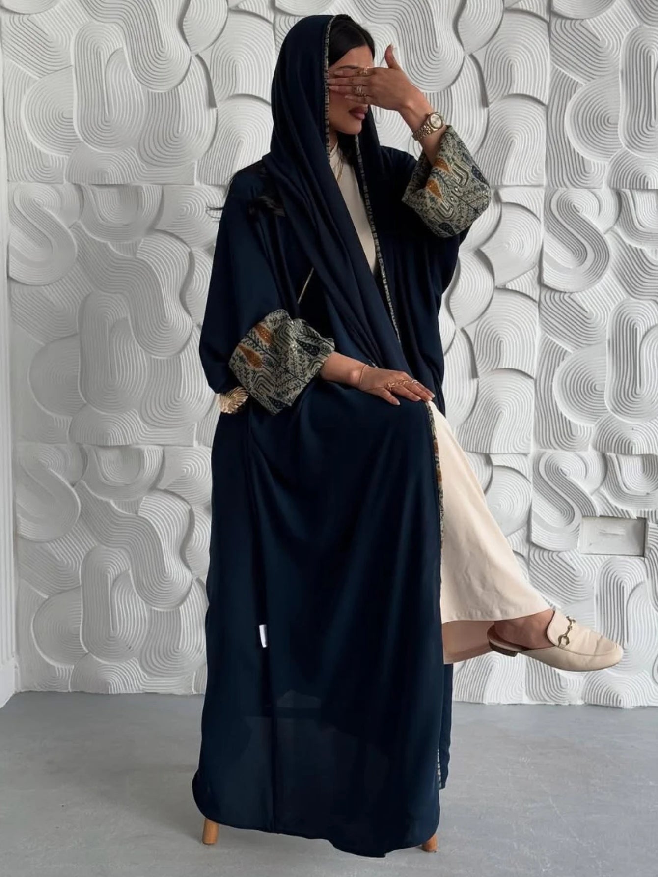 Middle Eastern Muslim Women Abayas +Hajib 2pcs Islamic Kaftans Casual Maxi Dresses Arabian Jilbabs Full Sleeve Open Front Abaya