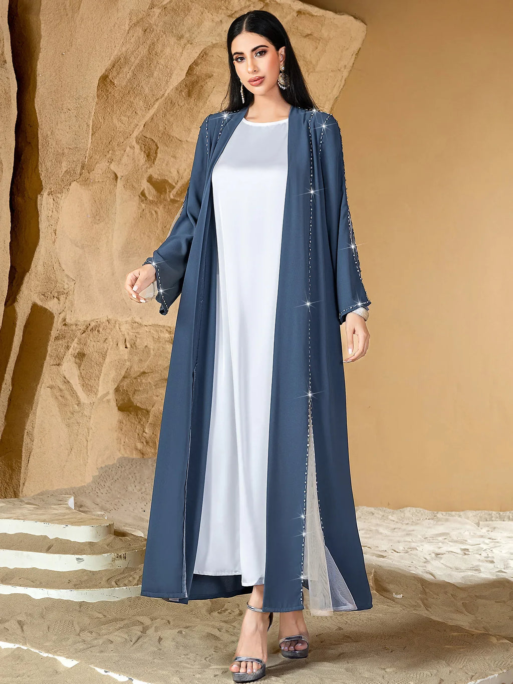 Dubai Diamonds Open Abaya Turkey Kaftan Eid Muslim Women Long Dress Caftan Marocain Femme Robe Islam Jalabiya Kimono Cardigan