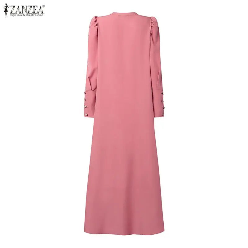 ZANZEA Hijabs Women's Pleated Long Dresses Muslim Modest Elegant O-Neck Long Puff Sleeve Maxi Dress Abaya Robes Ramadan Clothes