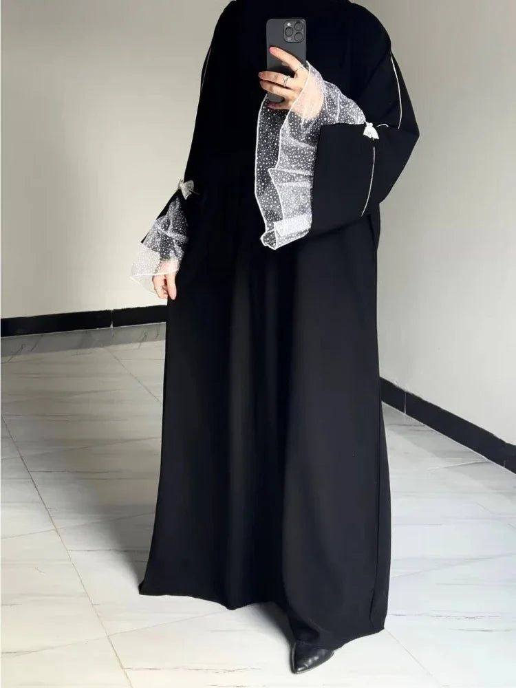 Muslim Abaya Women Lace Sleeve Elegant Nida Black Abaya Dubai Modest Dresses Morocco Kaftan 2025 EID Cardigan Summer Long Robe